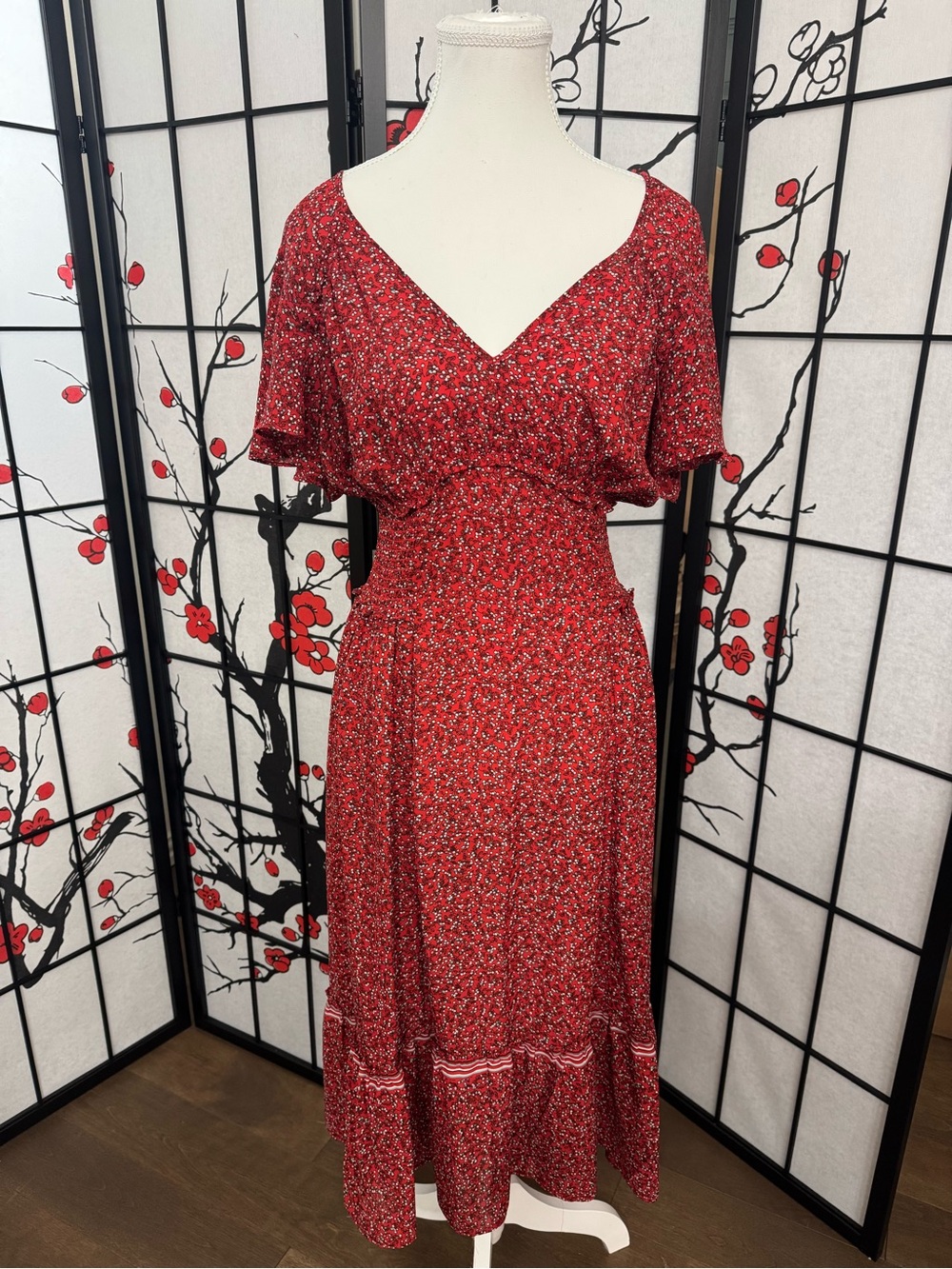 Max Studio Red Floral V-Neck Midi Dress with Flutter Sleeves